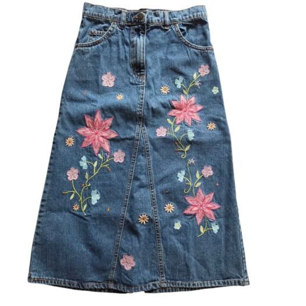 Storybook Embroidered Floral Denim Midi Skirt Girls Size 12 Blue